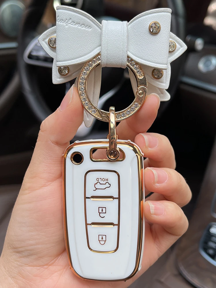 

Bow Ring Keychain 3 Button TPU Car Key Case Cover for Kia Soul Hyundai Veloster Solaris HB20 Rohens Sonata 8 SR IX35 Elantra I30
