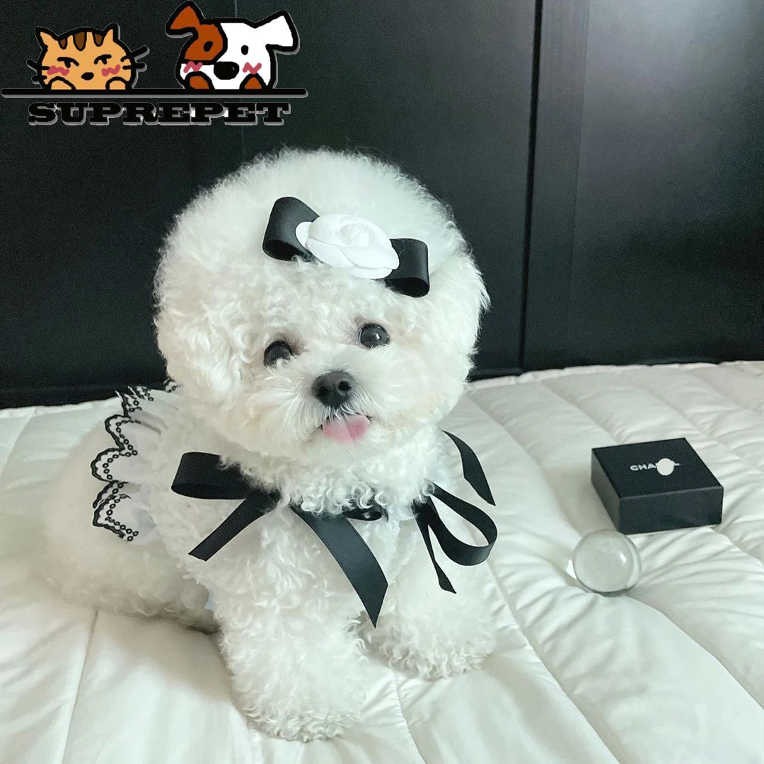 

Cute Cotton Clothing Plaid Clothes for Small Dogs Yorkie Puppy Dog Maid Skirt Pet Dresses with Black Bowknot White Fllower 강아지옷