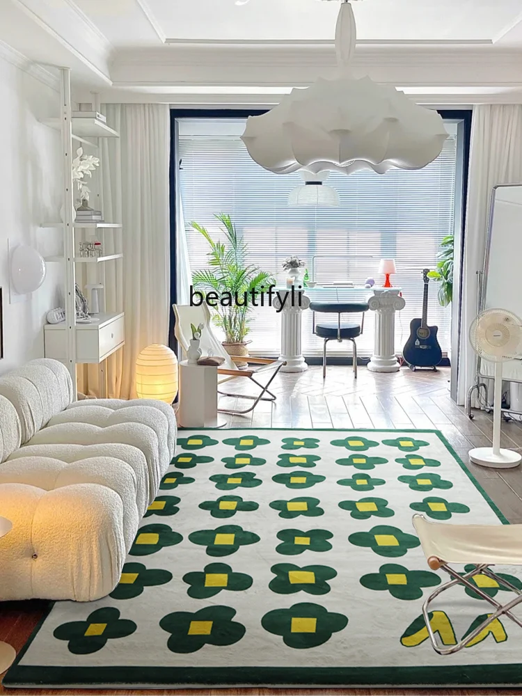 

zqGreen Pastoral Flower Carpet Living Room Light Retro Bedroom Floor Mat Cloakroom Floor Mat