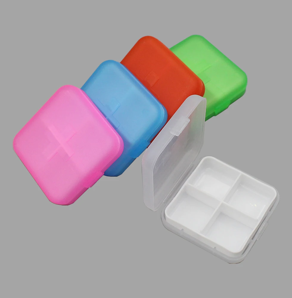 

Five color cross four grid medicine box, four grid covered sanded plastic square portable pill box