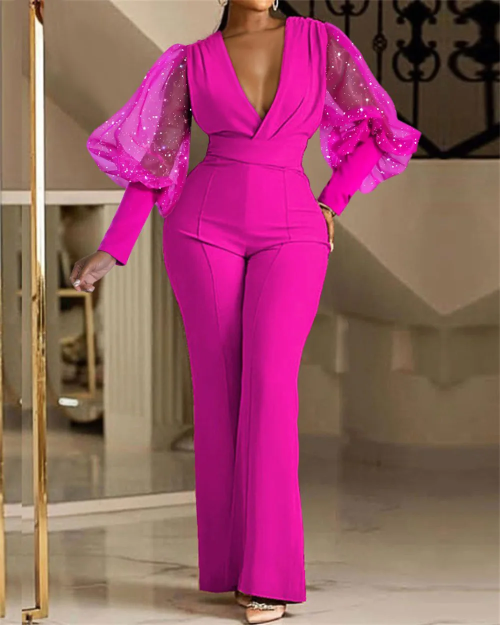 Autumn Elegant Mesh Puff Sleeve Jumpsuit Women Fashion Solid V-neck Stitching Long-sleeved Straight Jumpsuit Women
Autumn Elegant Mesh Puff Sleeve Jumpsuit Women Fashion Solid V-neck Stitching Long-sleeved Straight Jumpsuit Women
