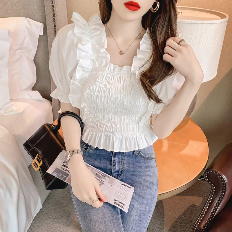 Sweet Girl Sexy Top Square Collar Short Bubble Sleeves Slim Slim Shirts Fashion Pre Color Women Blouse Elastic Chic Crop Blusas
Sweet Girl Sexy Top Square Collar Short Bubble Sleeves Slim Slim Shirts Fashion Pre Color Women Blouse Elastic Chic Crop Blusas
