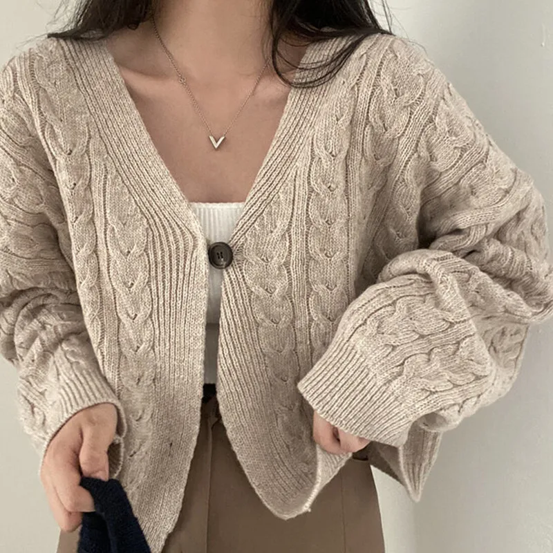

One Button Autumn Knitted Sweater Cardigans Women V-Neck Batwing Sleeve Casual Knitwear Jumper Loose Vintage Elegant Office Lady