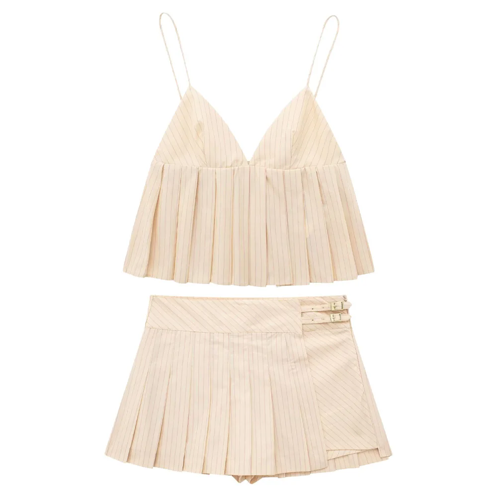 Early autumn new fashion women's retro temperament heart collar spaghetti strap striped poplin top + high waist pleated skirt
Early autumn new fashion women's retro temperament heart collar spaghetti strap striped poplin top + high waist pleated skirt