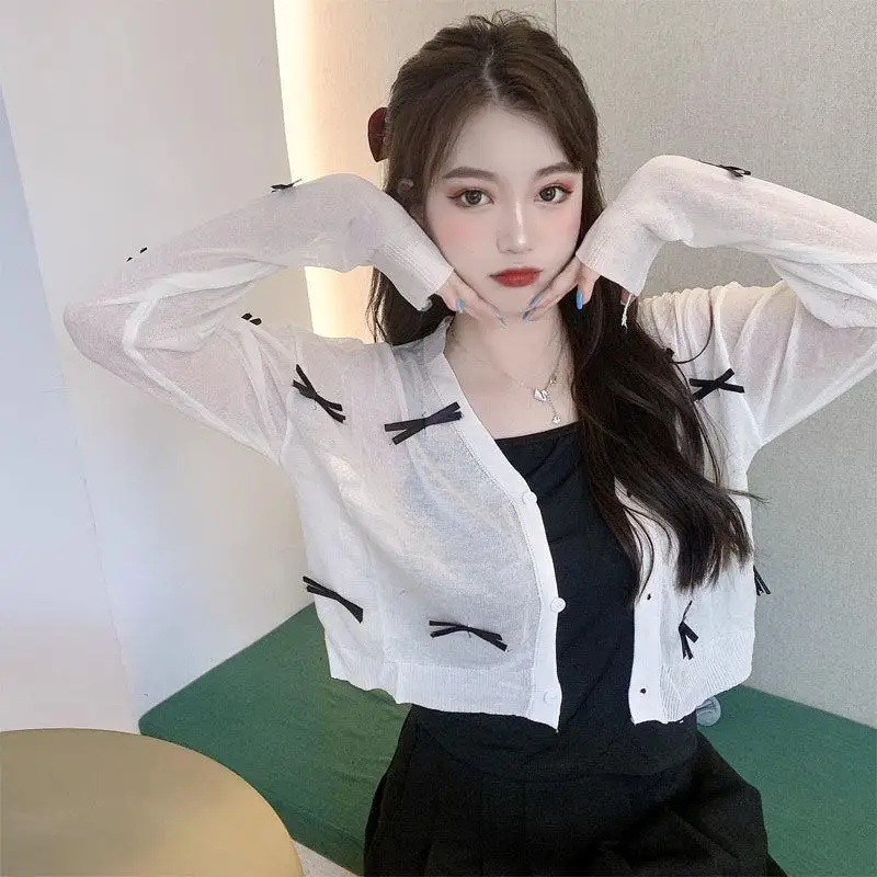 Bow Sweet Through Cardigan Loose Women Leisure Female Korean Fashion Style All-match Sweater Summer See Breathable Solid College
Bow Sweet Through Cardigan Loose Women Leisure Female Korean Fashion Style All-match Sweater Summer See Breathable Solid College