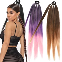 Boxing Braids Ponytail Extensions Synthetic Wrap Around Ponytail With Rubber Band Hair Ring DIY 26 Inch Ombre Black Brown Grey