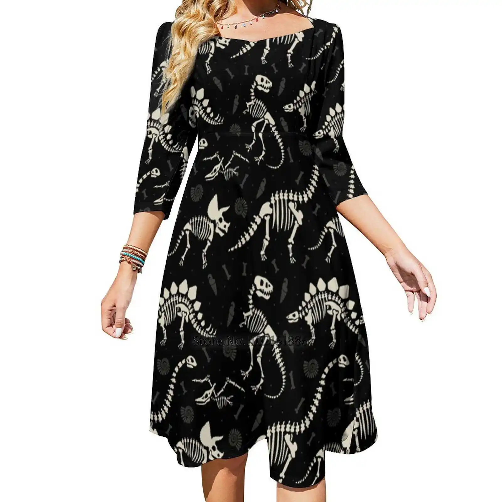 

Dinosaur In Black Square Neck Dress Summer Dress Women Elegant Halter Print Dress Dinosaur Dino Halloween Dia De Los Muertos