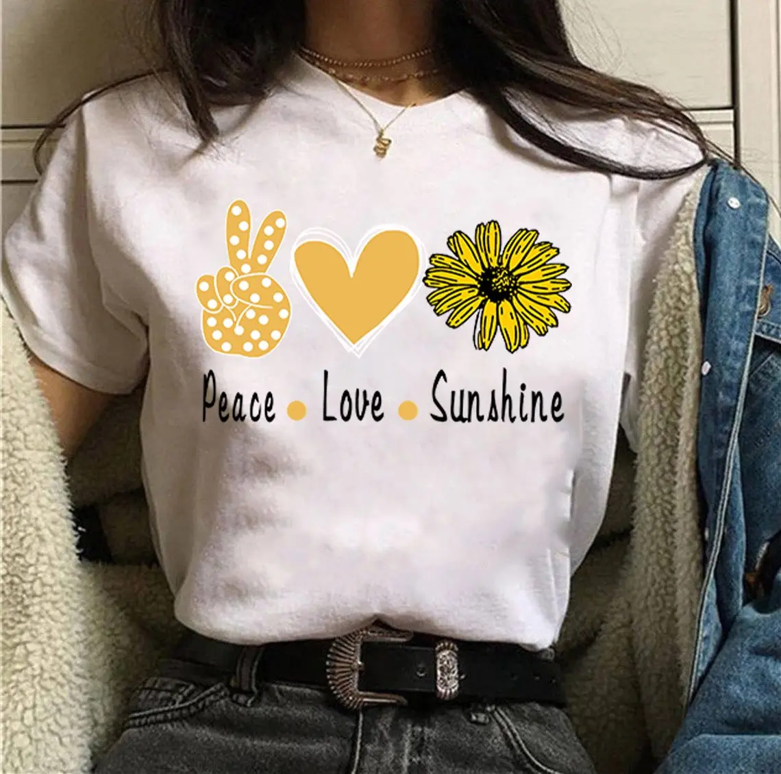 Лидер продаж, футболка с принтом Peace Love Sunshine, летняя женская одежда, модные топы, свободная дышащая футболка, винтажные повседневные женские ...
Лидер продаж, футболка с принтом Peace Love Sunshine, летняя женская одежда, модные топы, свободная дышащая футболка, винтажные повседневные женские ...