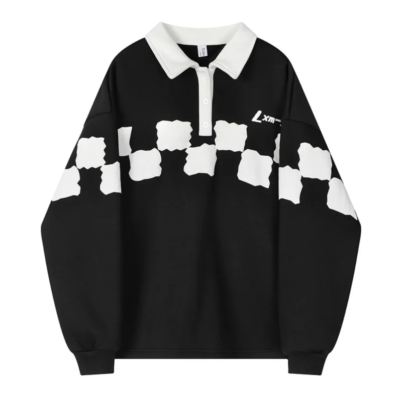 Women's Clothing Black Sweatshirt Lattice POLO Collar Vintage Fashion American Leisure NEW Winter Female Baggy Pullover Tops
Women's Clothing Black Sweatshirt Lattice POLO Collar Vintage Fashion American Leisure NEW Winter Female Baggy Pullover Tops