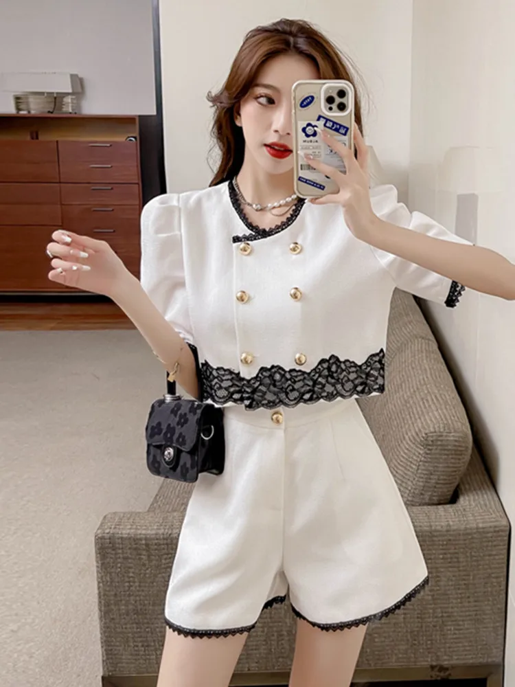 2022 Summer Thin Tweed Pants Suit Female Korean fashion Puff Sleeves Lace Tops High waist Shorts Sets Two-piece Set Women
2022 Summer Thin Tweed Pants Suit Female Korean fashion Puff Sleeves Lace Tops High waist Shorts Sets Two-piece Set Women
