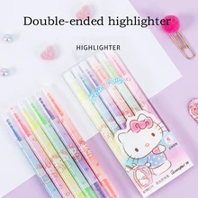 6pcs Sanrio Hellokitty Double-headed Highlighter for Students with 6-color Set Cartoon Cute Color Note Marker Pen