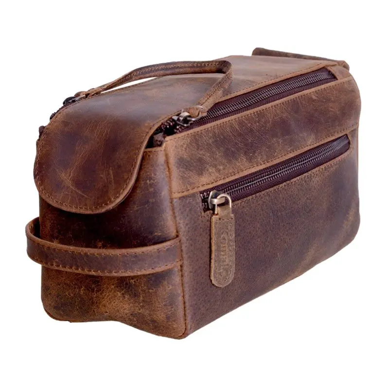 

KomalC Genuine Buffalo Unisex Toiletry Bag Travel Dopp Kit (Distressed Tan/Hunter)