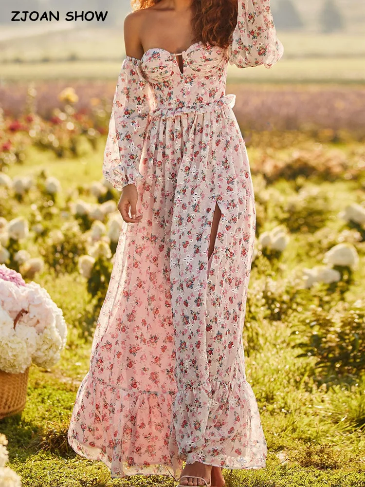 

2022 Holiday Hollow Out V neck Pink Floral Print Bra style Dress Retro Women Long sleeve Spliced Hem Slit Dresses Fairy Vestidos