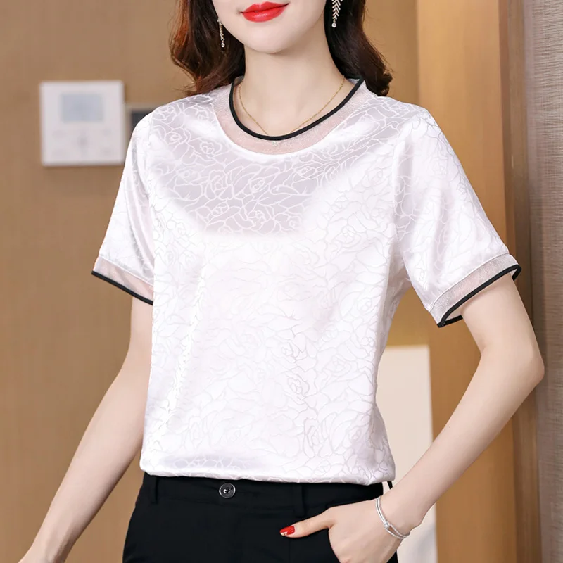 2022 summer thin t-shirt black white short tees New round neck satin jacquard classic short-sleeved top for women
2022 summer thin t-shirt black white short tees New round neck satin jacquard classic short-sleeved top for women