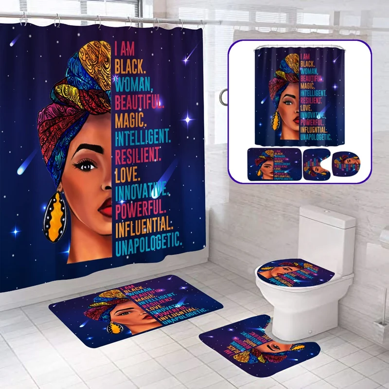 African Woman Print Shower Curtain 4 Piece Carpet Cover Bath Mat Pad Set Waterproof Bathroom Curtain With 12 Hooks
African Woman Print Shower Curtain 4 Piece Carpet Cover Bath Mat Pad Set Waterproof Bathroom Curtain With 12 Hooks