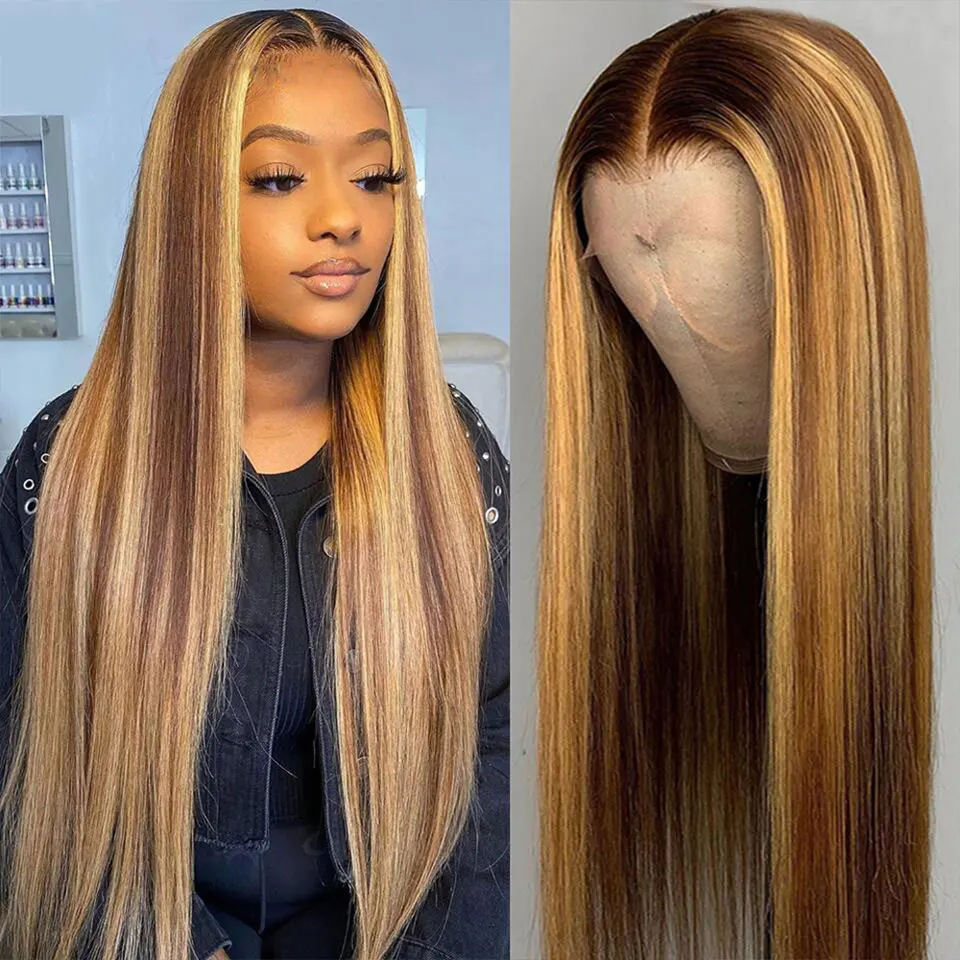 

Highlight Wig Human Hair Wigs for Women 4x4 Transparent Lace Closure Wig Straight P4/27 Brown Blonde Indian Remy Hair Bobbi