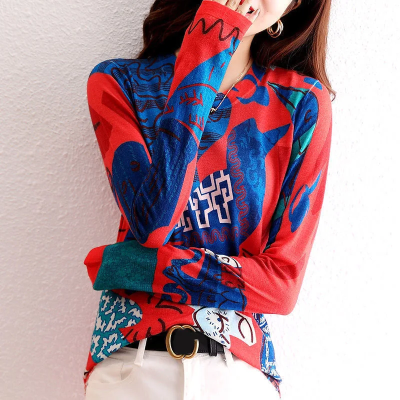 

Повседневная футболка с принтом ручной росписи, стильная женская одежда контрастных цветов, облегающие пуловеры с длинным рукавом и круглым вырезом на весну и осень
