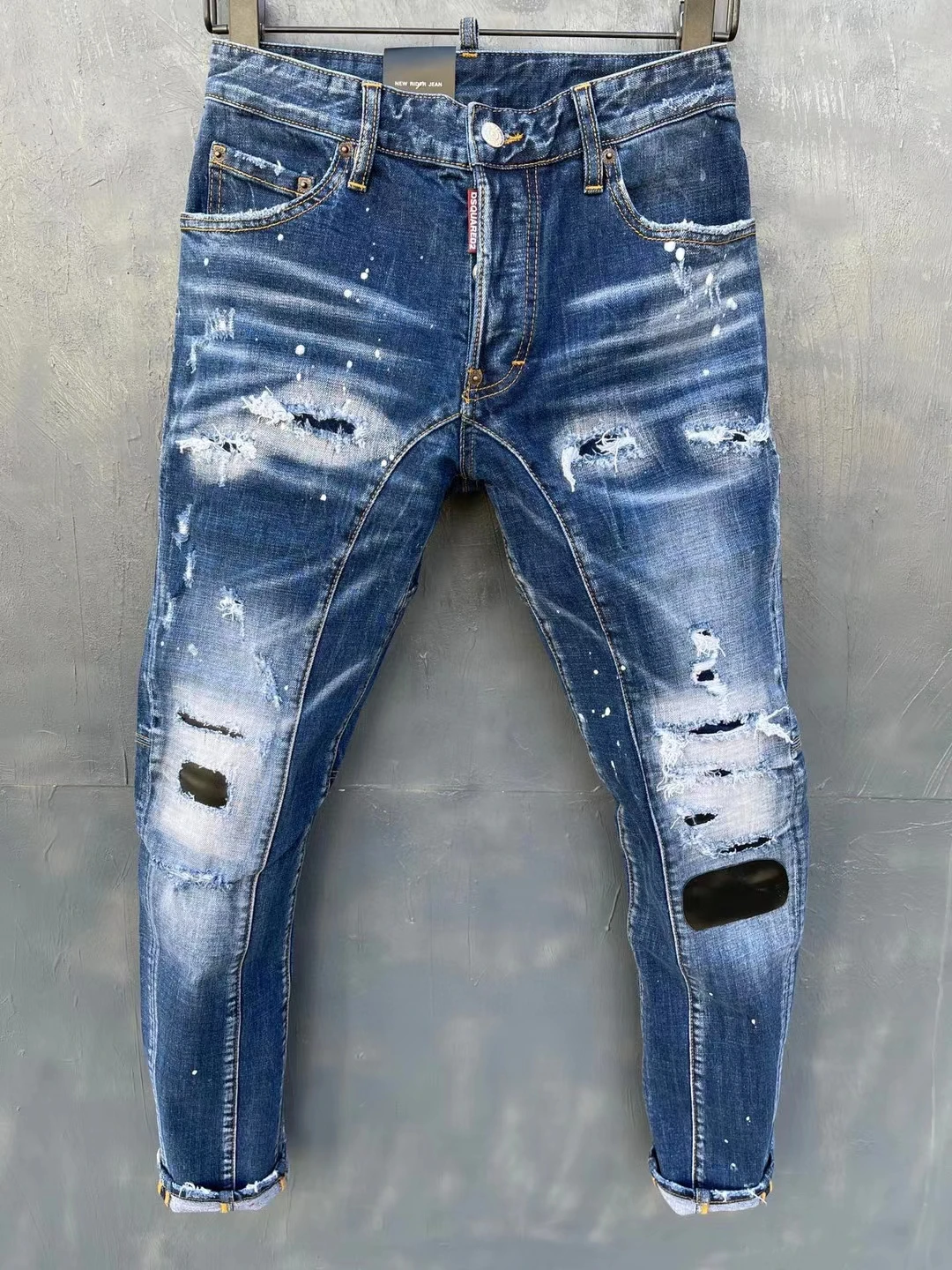

Dsquared2 Women's/Men's Rivet Decoration Hole Black Patch Scratched Ripped Fashion Pencil Pants Jeans T151#