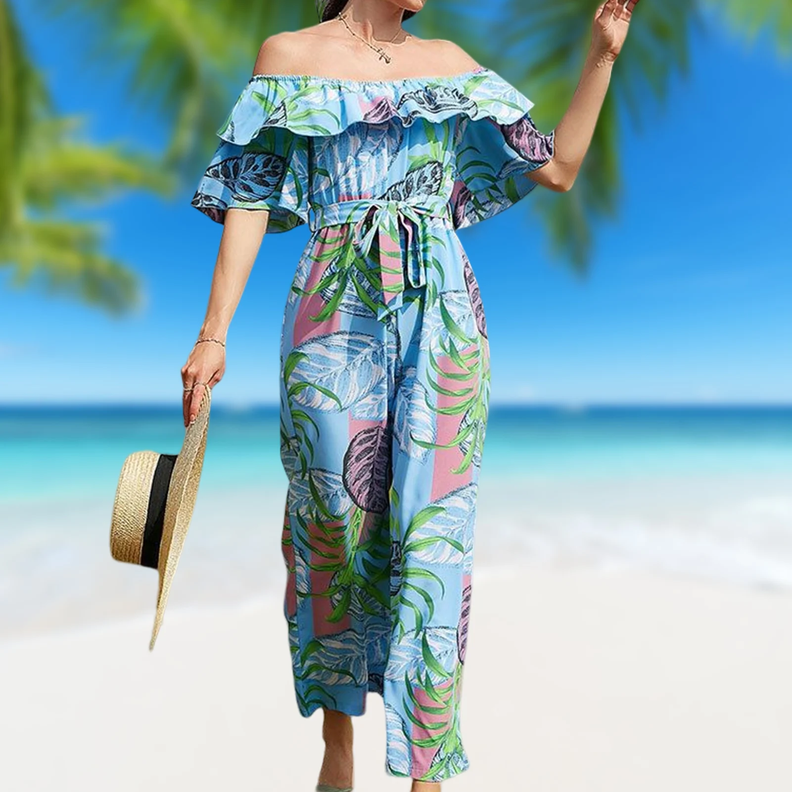 Floral Printed Summer Jumpsuits Off Shoulder One-Piece Rompers Lace Up Fashion Elegant Casual Ruffle for Seaside Vacation
Floral Printed Summer Jumpsuits Off Shoulder One-Piece Rompers Lace Up Fashion Elegant Casual Ruffle for Seaside Vacation