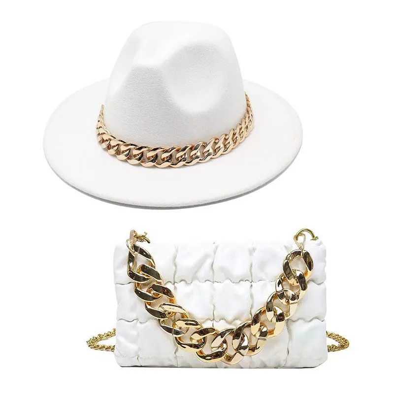 

Женский комплект из 2 предметов, большая сумка и шляпа-федора на цепочке, модная роскошная женская свадебная джазовая шляпа и сумка, 2023