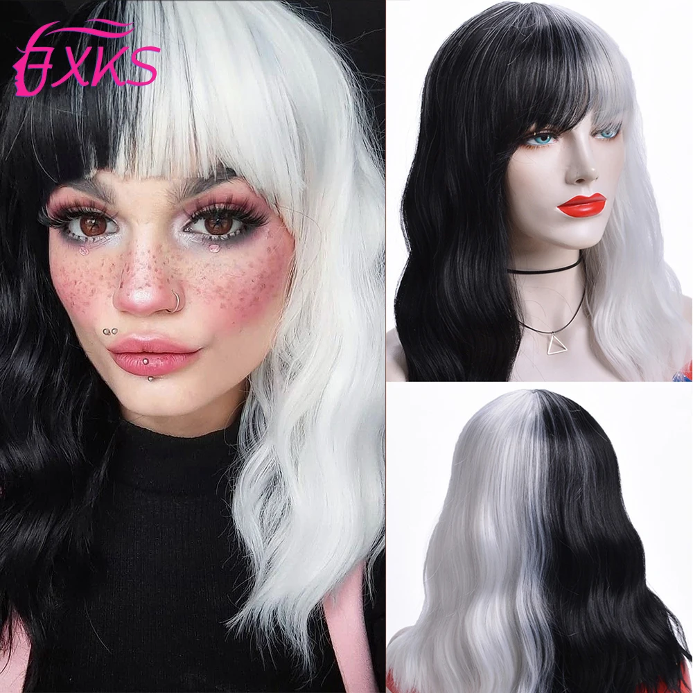 

Black White Wavy Hair Synthetic Wigs With Bangs Short Curly Hair Wigs CRUELLA De Vil Cosplay Daily Use Wigs 18Inch FXKS