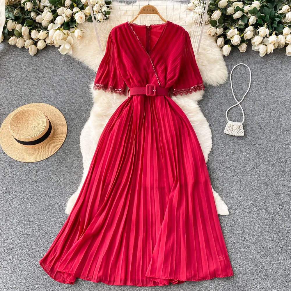 French Chiffon Dress Women's Summer New Fashion Thin V-neck Short Sleeve Solid Color Elegant Dresses Vestidos G977
French Chiffon Dress Women's Summer New Fashion Thin V-neck Short Sleeve Solid Color Elegant Dresses Vestidos G977