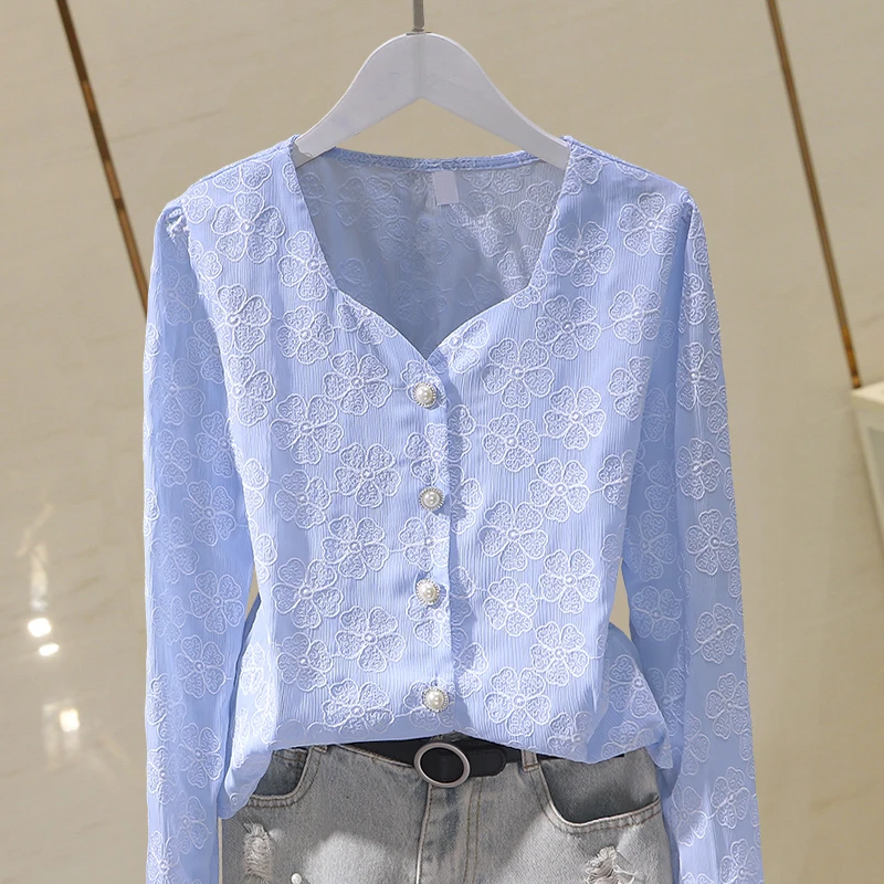 Lace Cotton Embroidery Women Shirts Summer Blue New Sweet 2022 V-Neck Long-Sleeved Elegant Office Lady Outwear Tops
Lace Cotton Embroidery Women Shirts Summer Blue New Sweet 2022 V-Neck Long-Sleeved Elegant Office Lady Outwear Tops