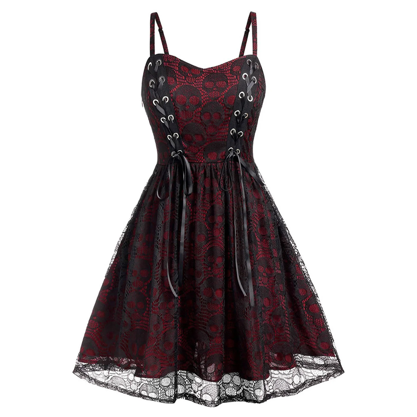 Fashion womenswear new print cocktail party gothic skull lace panels tie-up A-line dress with a cinched waist
Fashion womenswear new print cocktail party gothic skull lace panels tie-up A-line dress with a cinched waist