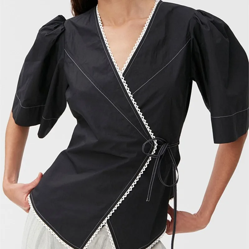 

Women Black Wrap Retro Shirt tops 2022 new Half Puff Sleeve Lace-up V-neck Female Blouses