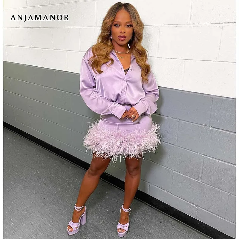 ANJAMANOR Sexy Two Piece Set Purple Satin Long Sleeve Top Shirts and Feathers Hem Mini Skirt Autumn 2022 Women Clothing D93-GE51
ANJAMANOR Sexy Two Piece Set Purple Satin Long Sleeve Top Shirts and Feathers Hem Mini Skirt Autumn 2022 Women Clothing D93-GE51