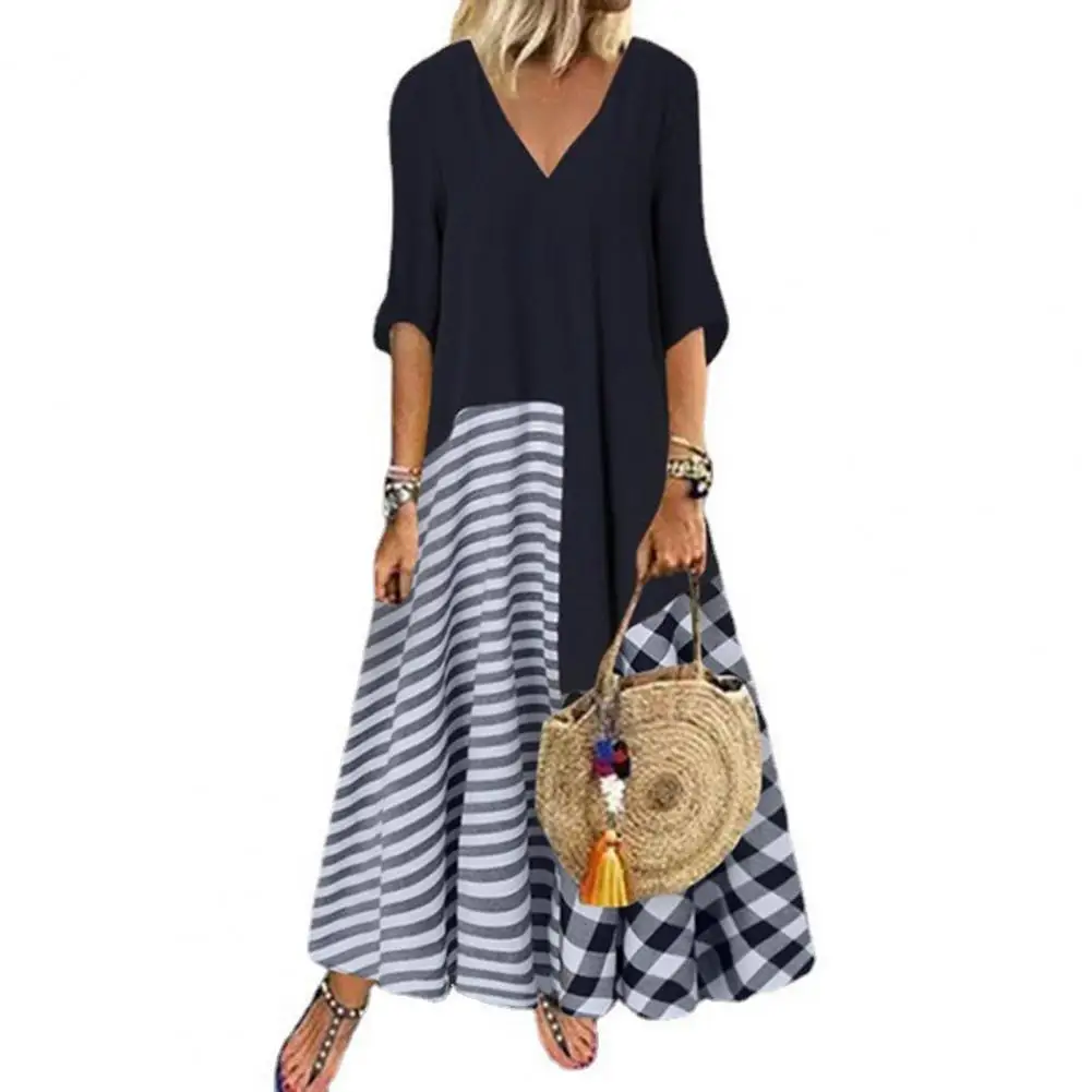V-neck Half Sleeve Large Hem Casual Dress Plaid Striped Patchwork Long Dress Female Clothing
V-neck Half Sleeve Large Hem Casual Dress Plaid Striped Patchwork Long Dress Female Clothing