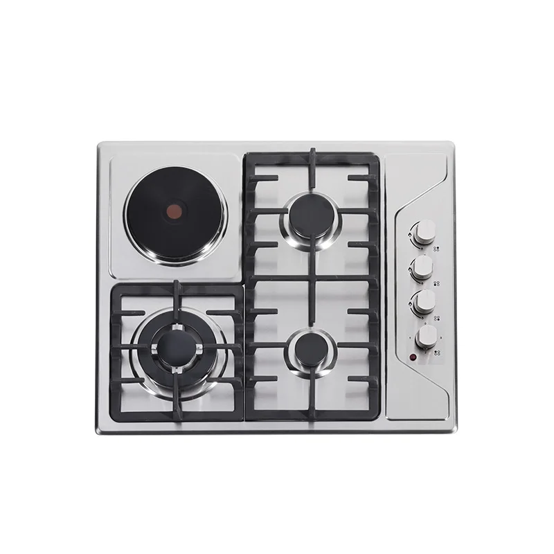 Low price high quality stainless steel gas stove for cooking with 3 burners and an electric heating plate
Low price high quality stainless steel gas stove for cooking with 3 burners and an electric heating plate