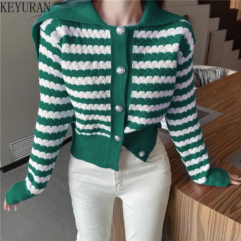 Sailor Collar Striped Knitted Cardigan Jacket Women's Spring Autumn 2022 New Korean Fashion Long Sleeve Loose Short Sweater Tops
Sailor Collar Striped Knitted Cardigan Jacket Women's Spring Autumn 2022 New Korean Fashion Long Sleeve Loose Short Sweater Tops