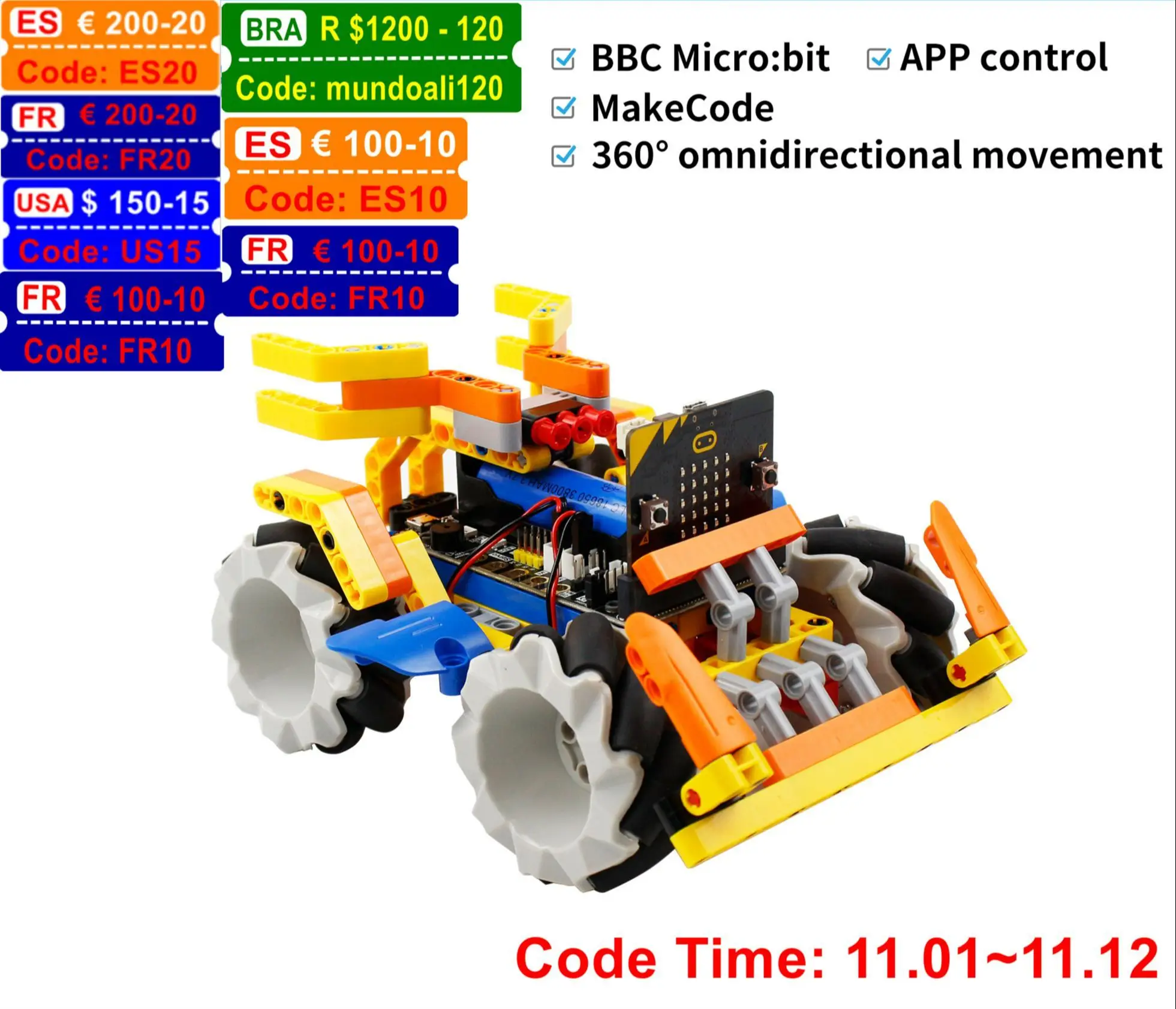 146 PCS Building Blocks Omnibit Smart Robot Car with Mecanum Wheel for Microbit V1 V2 Support APP Handle control MakeCode Python
146 PCS Building Blocks Omnibit Smart Robot Car with Mecanum Wheel for Microbit V1 V2 Support APP Handle control MakeCode Python