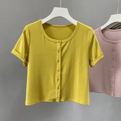 Short-sleeved T-shirt women summer new round neck high wist multicolor buttoned simple nd verstile bottoming shirt
Short-sleeved T-shirt women summer new round neck high wist multicolor buttoned simple nd verstile bottoming shirt