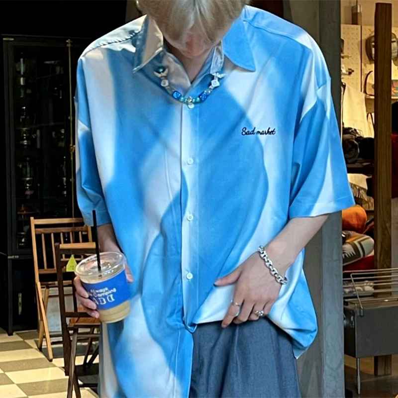 Ins Sky Blue Gradient Summer Beach Shirts Handsome Mens Streetwear Casual Blouse Short Sleeve Tops Harajuku Couples Casual Loose
Ins Sky Blue Gradient Summer Beach Shirts Handsome Mens Streetwear Casual Blouse Short Sleeve Tops Harajuku Couples Casual Loose