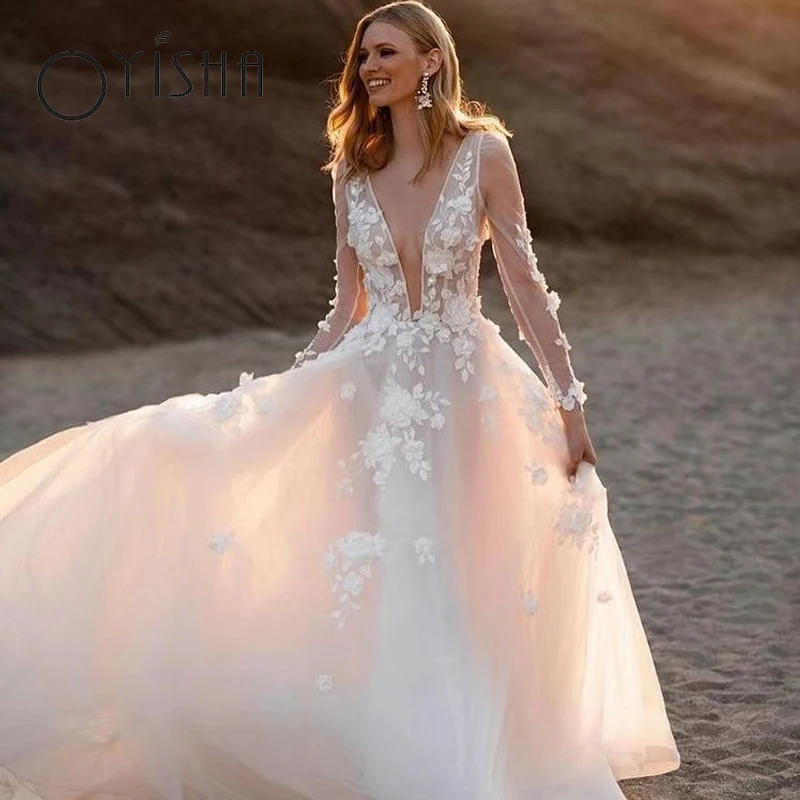 

OYISHA Chic Appliques Illusion Tulle Wedding Dress Romantic V-Neck Bridal Gowns A-Line Custom Made Sweep Train Vestido De Noiva