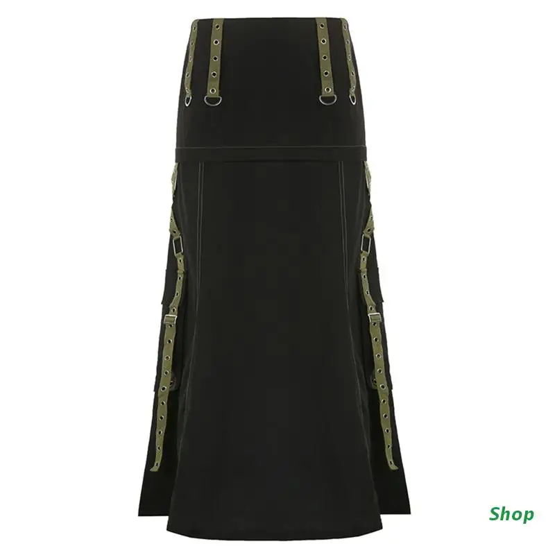 L5YC Women Punk Low Waist A-Line Eyelets Bandage Metal Ring Patchwork Midi Long Skirt
L5YC Women Punk Low Waist A-Line Eyelets Bandage Metal Ring Patchwork Midi Long Skirt