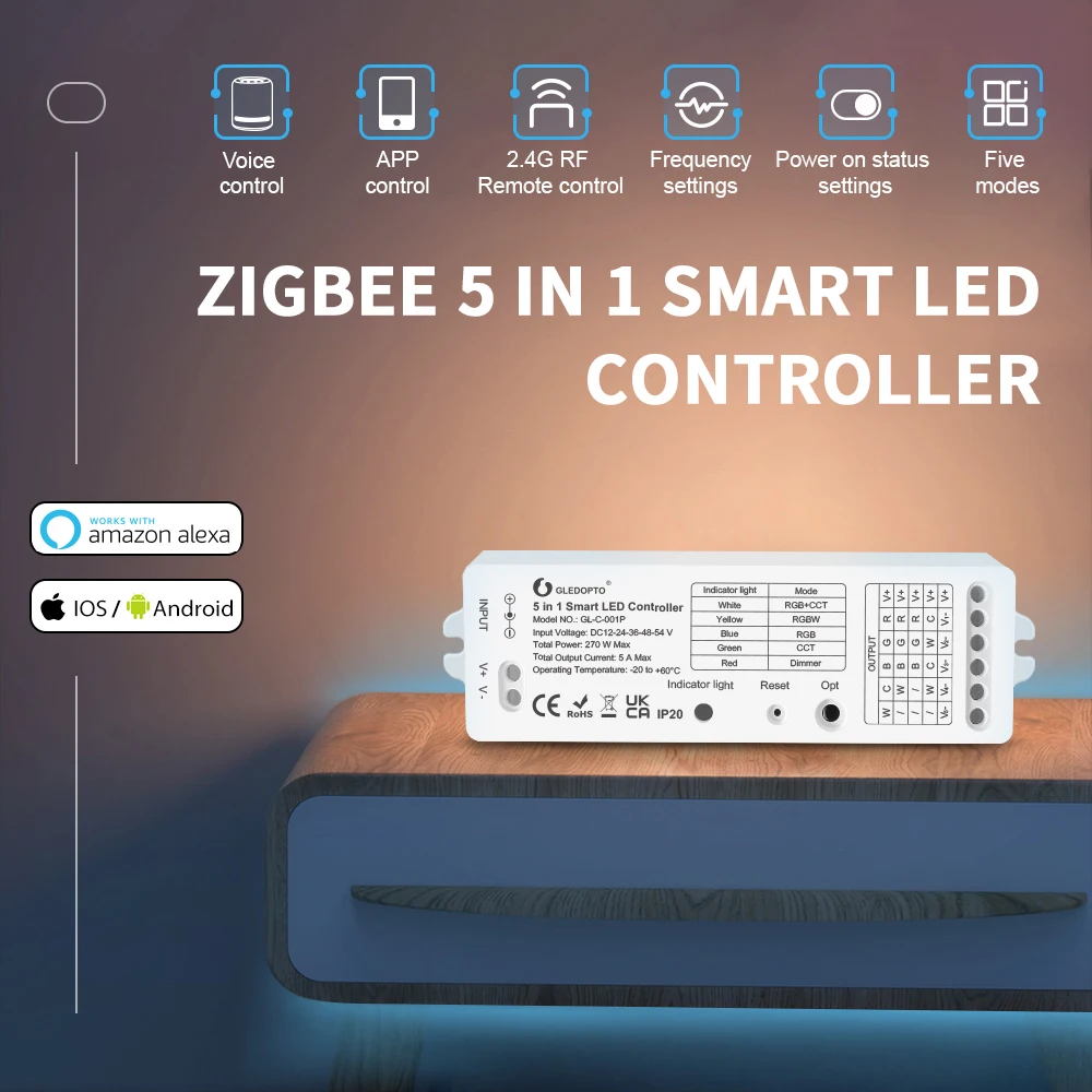 

GELDOPTO Zigbee 3.0 Dimmer single color RGB WW CW RGBW RGBCCT 5 in 1 LED Strip Controller APP/Voice/RF Remote Control 12V 24V