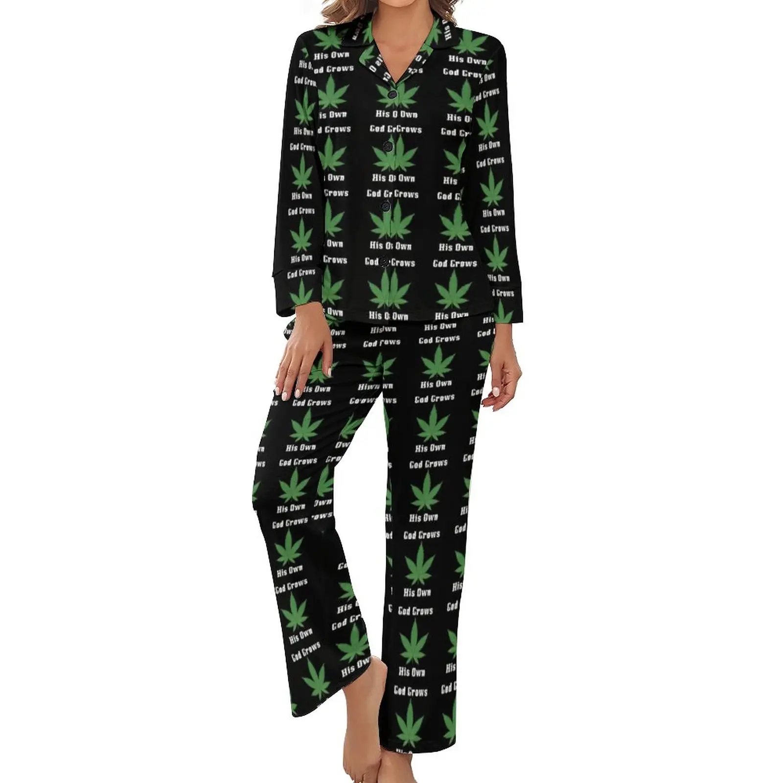 God Grows His Own Weed Pajamas Green Leaf Cannabis Casual V Neck Home Suit Woman Two Piece Print Long-Sleeve Kawaii Pajama Sets
God Grows His Own Weed Pajamas Green Leaf Cannabis Casual V Neck Home Suit Woman Two Piece Print Long-Sleeve Kawaii Pajama Sets