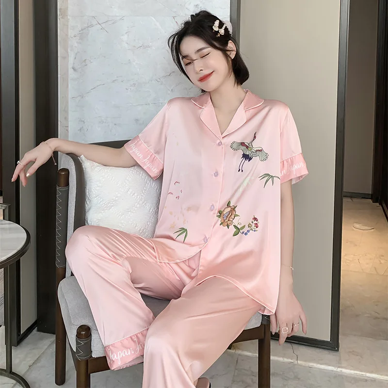 

Print Crane Pajamas Nightwear Female Summer Short Sleeve Flower Sleepwear Casual Satin Pyjamas Suits Home Clothes Loungewear