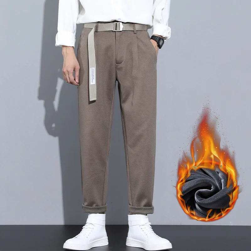 

Winter Men's 2023 Thick Trousers Woolen Solid High Quality Casual Suit Pants Korean Style Straight Fashion Warm Bottoms L8