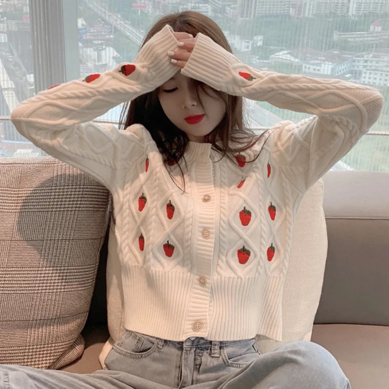 Sweet Strawberry Knitted Sweaters Preppy Style Women O-Neck Loose Casual Short Cardigans Single Breasted Fashion Knitted Jumpers
Sweet Strawberry Knitted Sweaters Preppy Style Women O-Neck Loose Casual Short Cardigans Single Breasted Fashion Knitted Jumpers