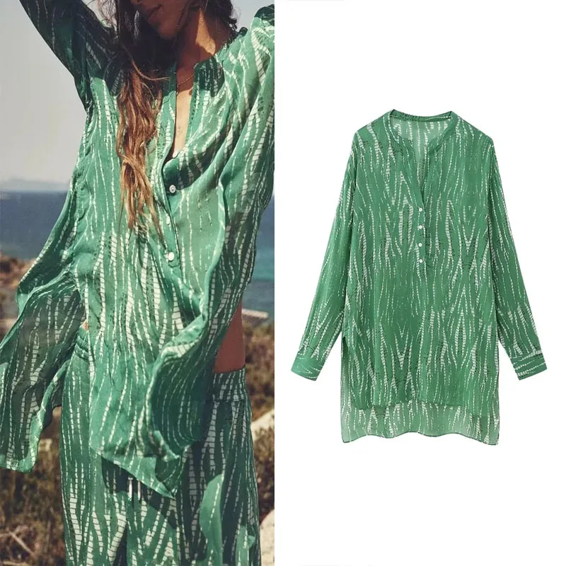 

TRAF Green Printed Longline Blouse 2023 Fashion Woman Loose Shirt Elegant Long Sleeves Asymmetric Hem Shirts Vintage Beach Top