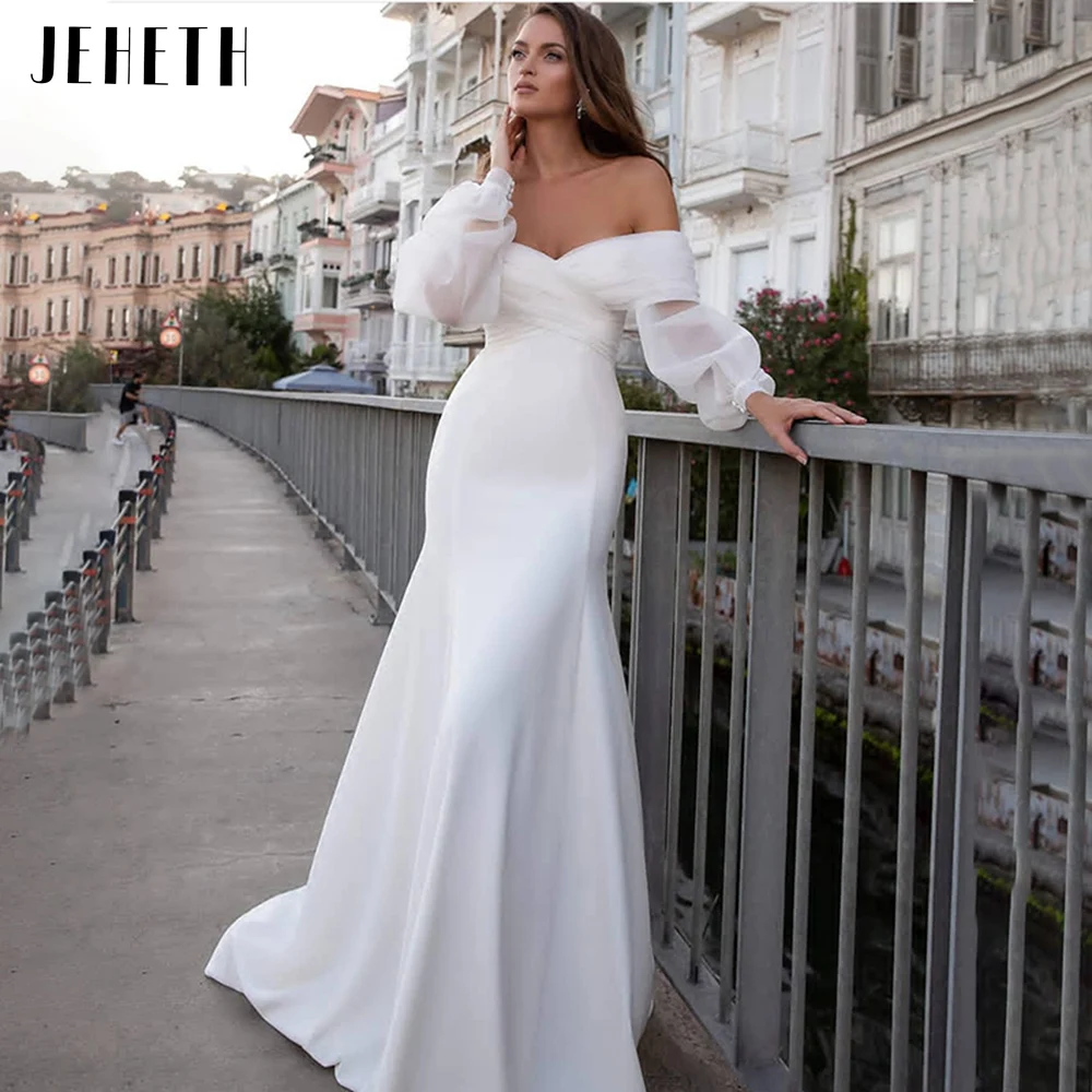 JEHETH Elegant V-Neck Satin Mermaid Wedding Dress Illusion Puff Sleeve Off The Shoulder Bridal Gown Backless Train Vestido De No
JEHETH Elegant V-Neck Satin Mermaid Wedding Dress Illusion Puff Sleeve Off The Shoulder Bridal Gown Backless Train Vestido De No