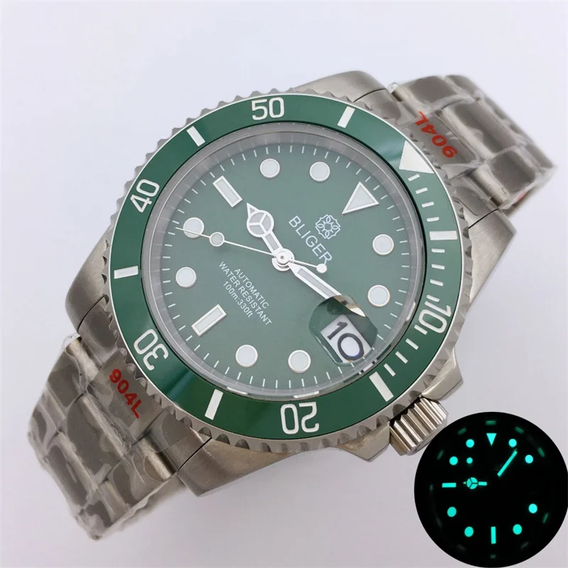

BLIGER 40mm Green dial luminous Luxury Men's Diving Watch 24 Gems NH35A MIYOTA PT5000 Sapphire Crystal Date Brushed Oyster strap
