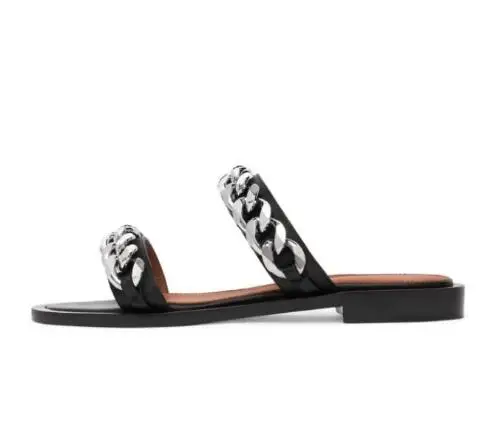 

Summer Metal Chains Strap Black Leather Slipper Slip-On Flat Mules Sandals Lady Roman Peep Toe Comfortable Outside Slide Shoes