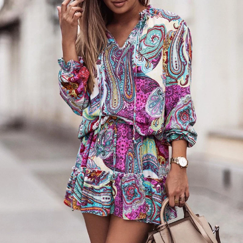 Fashion Casual Print Women Dress Lace Up V Neck Long Sleeves Collect Waisted Mini Dress Casual Comfortable Bohemian Dresses
Fashion Casual Print Women Dress Lace Up V Neck Long Sleeves Collect Waisted Mini Dress Casual Comfortable Bohemian Dresses