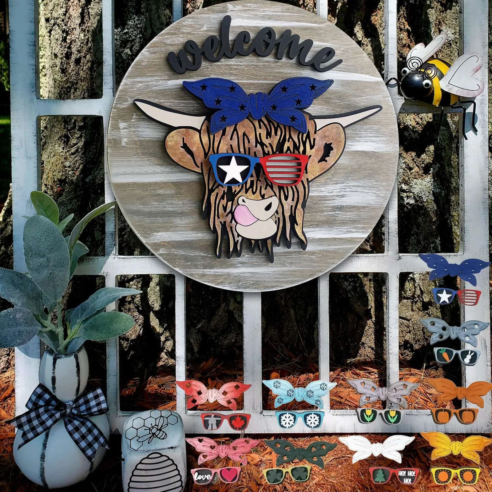 Wooden Doorplate with Interchangeable Accessories Cowhead Welcome Door Sign Reusable Ornament Decor for Holiday Party
Wooden Doorplate with Interchangeable Accessories Cowhead Welcome Door Sign Reusable Ornament Decor for Holiday Party