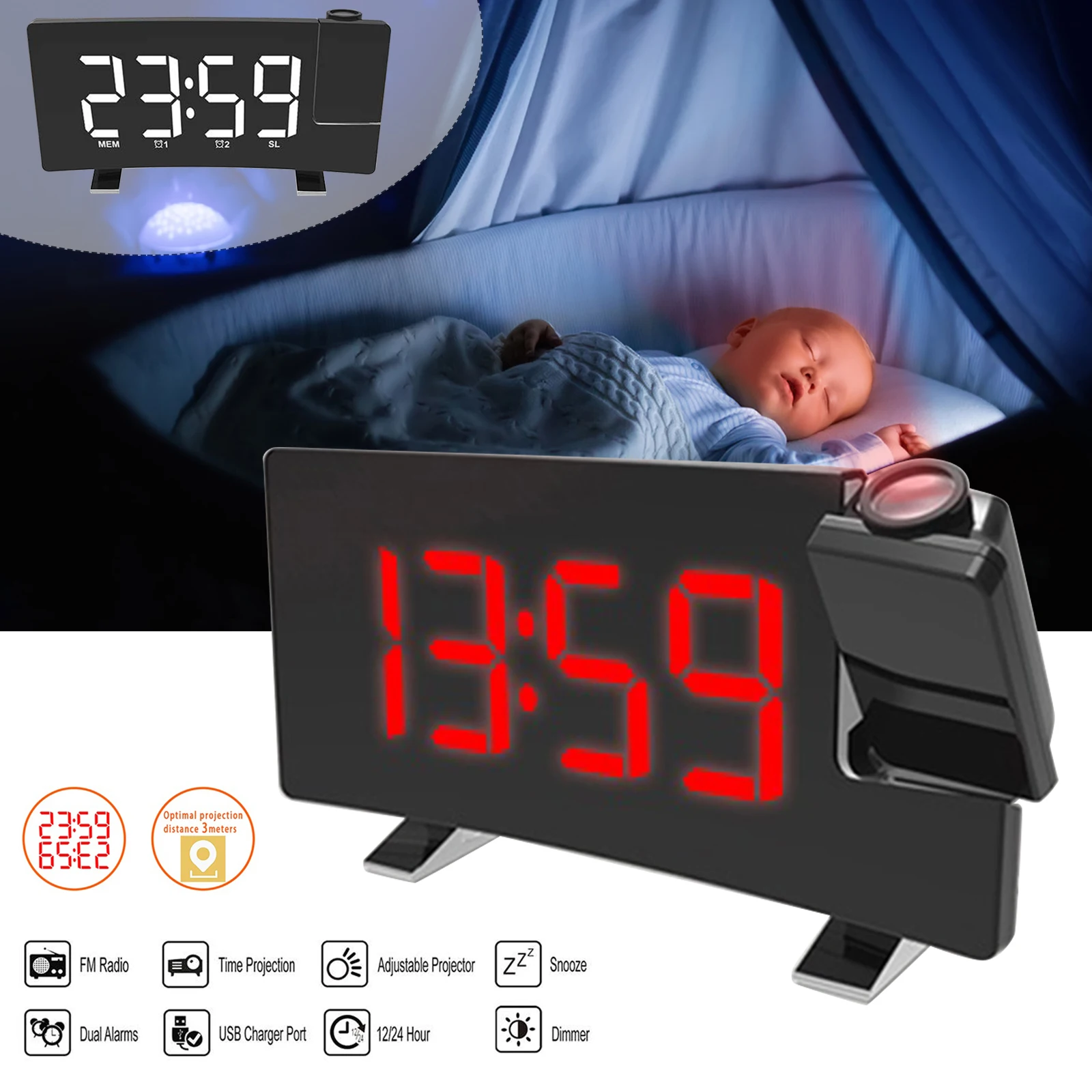 Led Digital Alarm Clock With Acrylic Mirror FM Radio Projection Ceiling Temperature And Humidity Display Smart For Bedroom Desk
Led Digital Alarm Clock With Acrylic Mirror FM Radio Projection Ceiling Temperature And Humidity Display Smart For Bedroom Desk